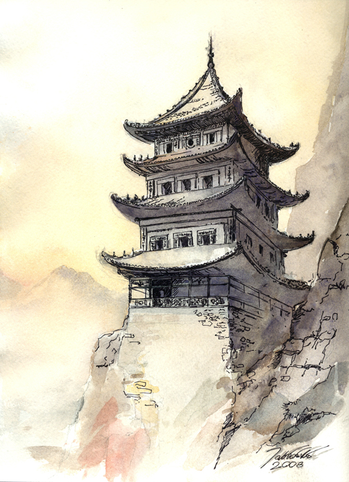 506x700 Lonely Pagoda Temple By Jaabbco - Japanese Pagoda Painting