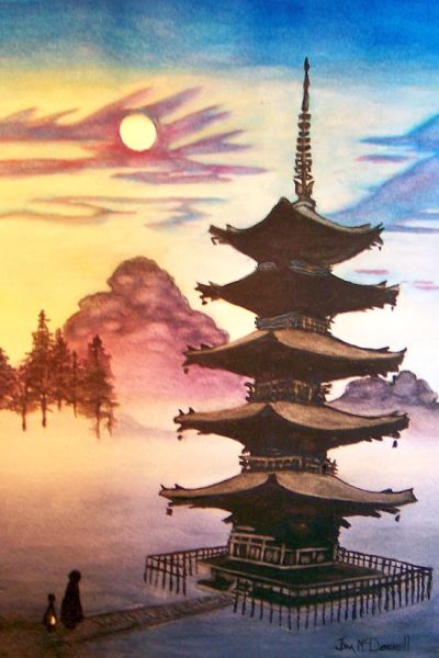 400x600 Pagoda In Moonlight - Japanese Pagoda Painting