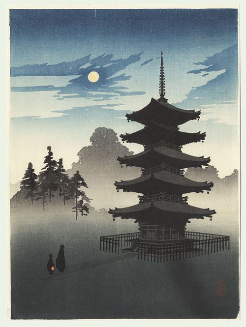 500x665 A Pagoda By Moonlight, By Eijiro Kobayashi, Woodblock Print, Ca - Japanese Pagoda Painting