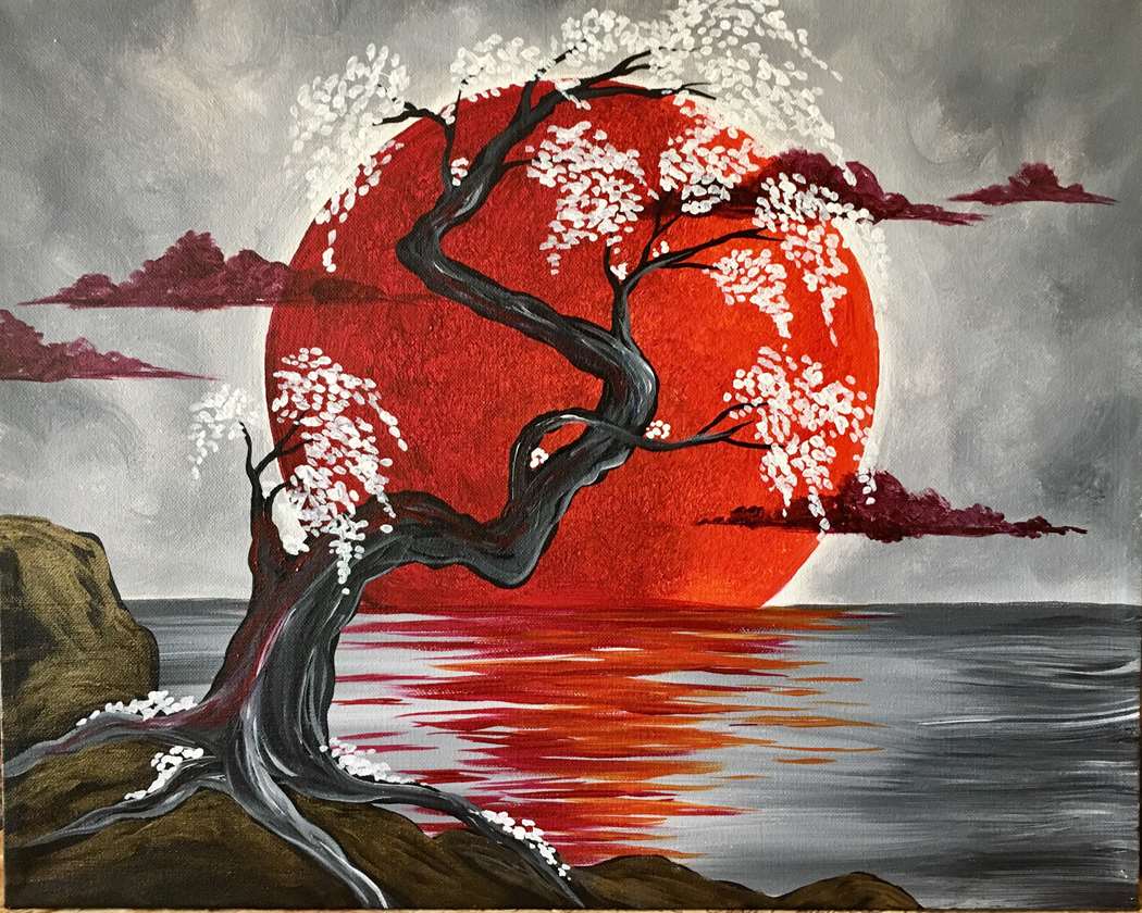 1050x840 Japanese Crimson Moon - Japanese Painting