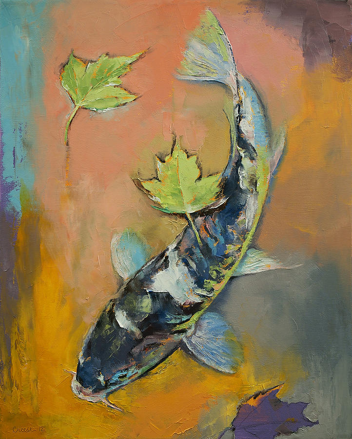 722x900 Koi With Japanese Maple Leaves Painting By Michael Creese - Japanese Painting Koi