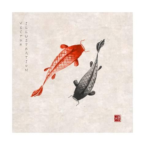 473x473 Red And Black Koi Carps Hand Drawn With Ink In Traditional - Japanese Painting Koi