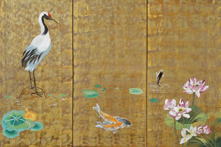 770x513 Saatchi Art Japan Stork Koi Fishes Japanese Art Painting J094 - Japanese Painting Koi