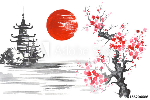 500x334 Japan Traditional Japanese Painting Sumi E Art Sakura Sun Temple - Japanese Painting Sakura