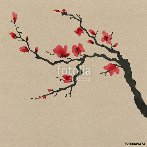 500x500 Sakura Tree In Japanese Painting Style. Traditional Beautiful - Japanese Painting Sakura
