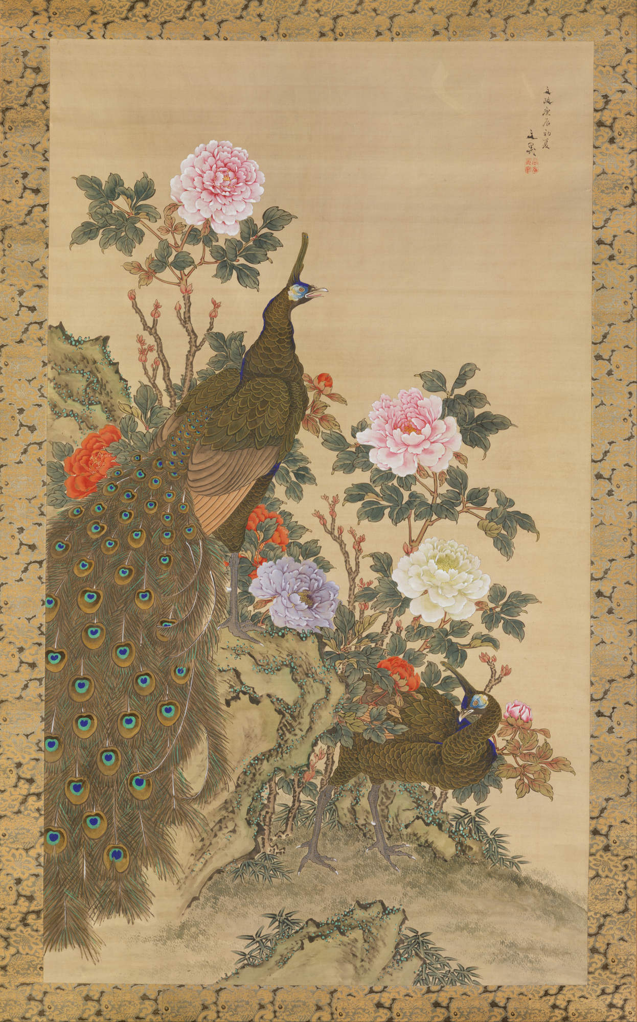 1246x2000 Tani Peacocks And Peonies Japan Edo Period - Japanese Peacock Painting