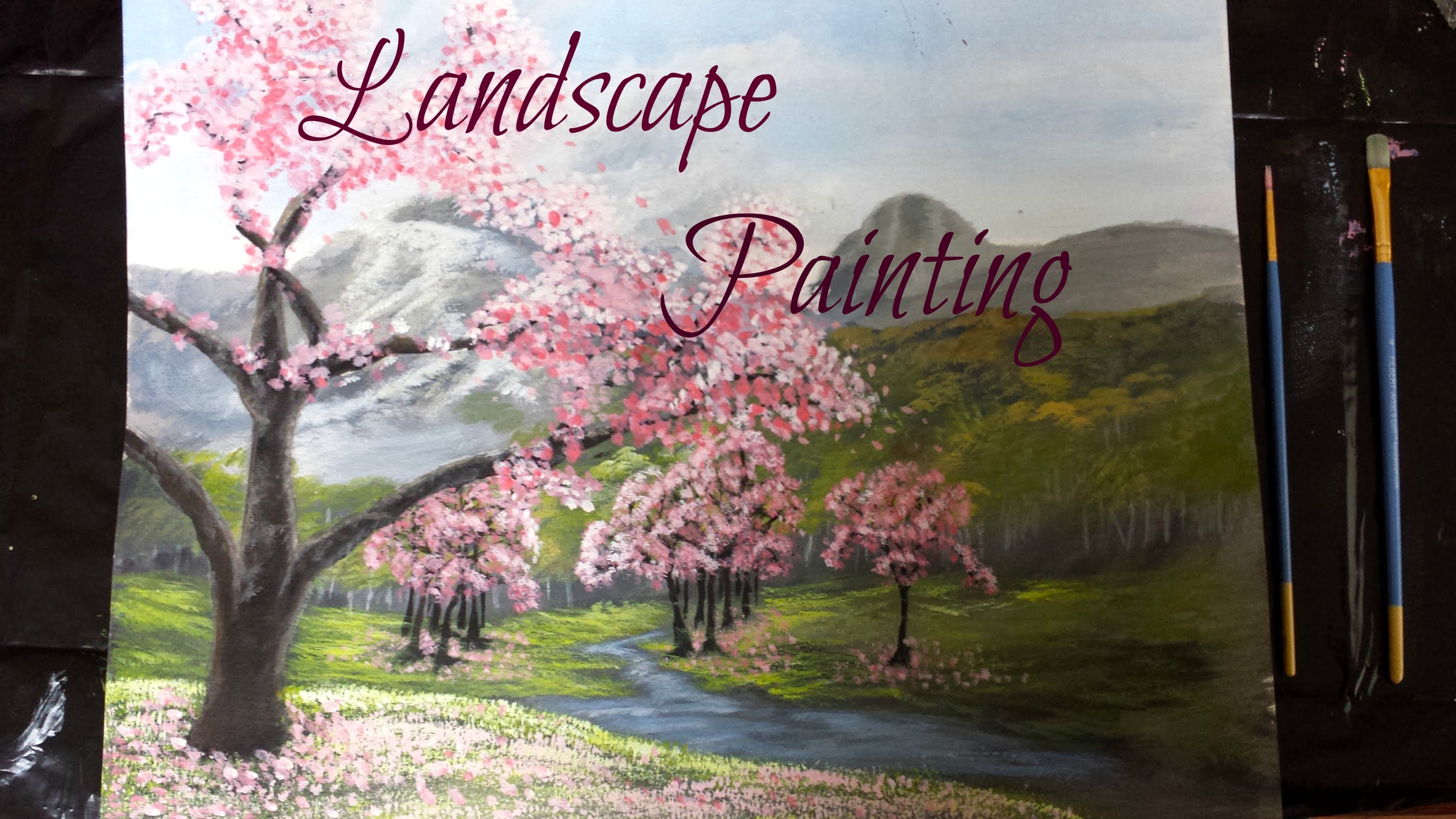 3000x1688 Cherry Blossom Trees Landscape Painting - Japanese Sakura Tree Painting