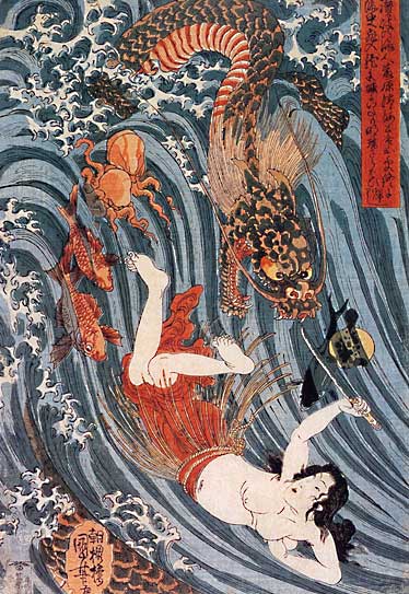 374x543 Samurai Fighting Sea Creatures 15x22 Japanese Print Asian Art - Japanese Samurai Painting