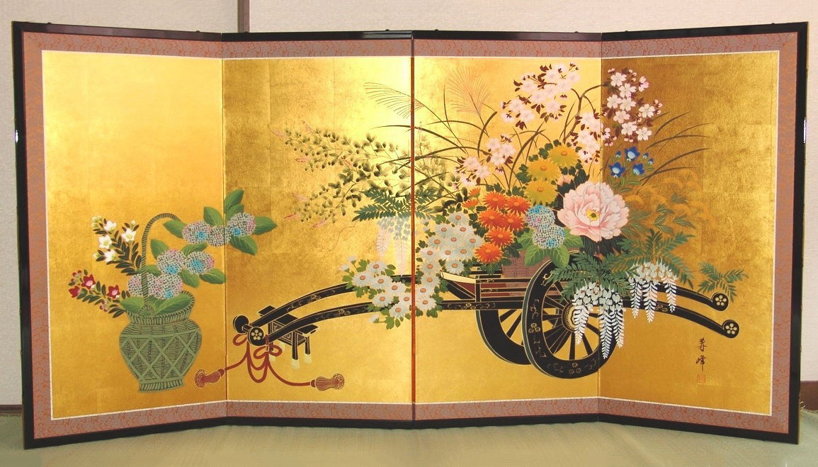 1155x659 Japanese Handmade Golden Folding Screen Flowers Of Four Seasons - Japanese Screen Painting