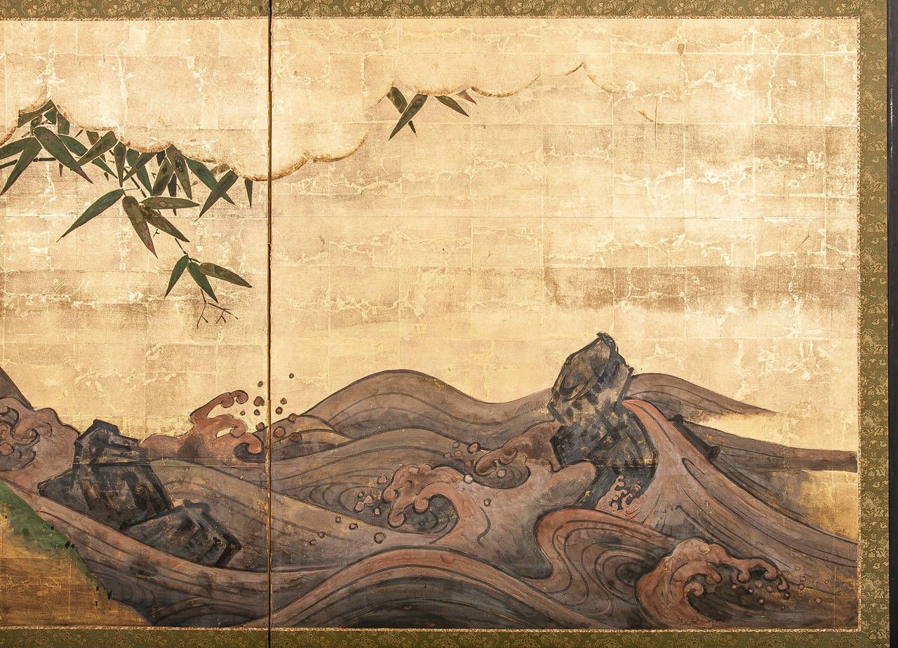 1280x924 Japanese Screen Painting Of Seascape And Bamboo - Japanese Screen Painting