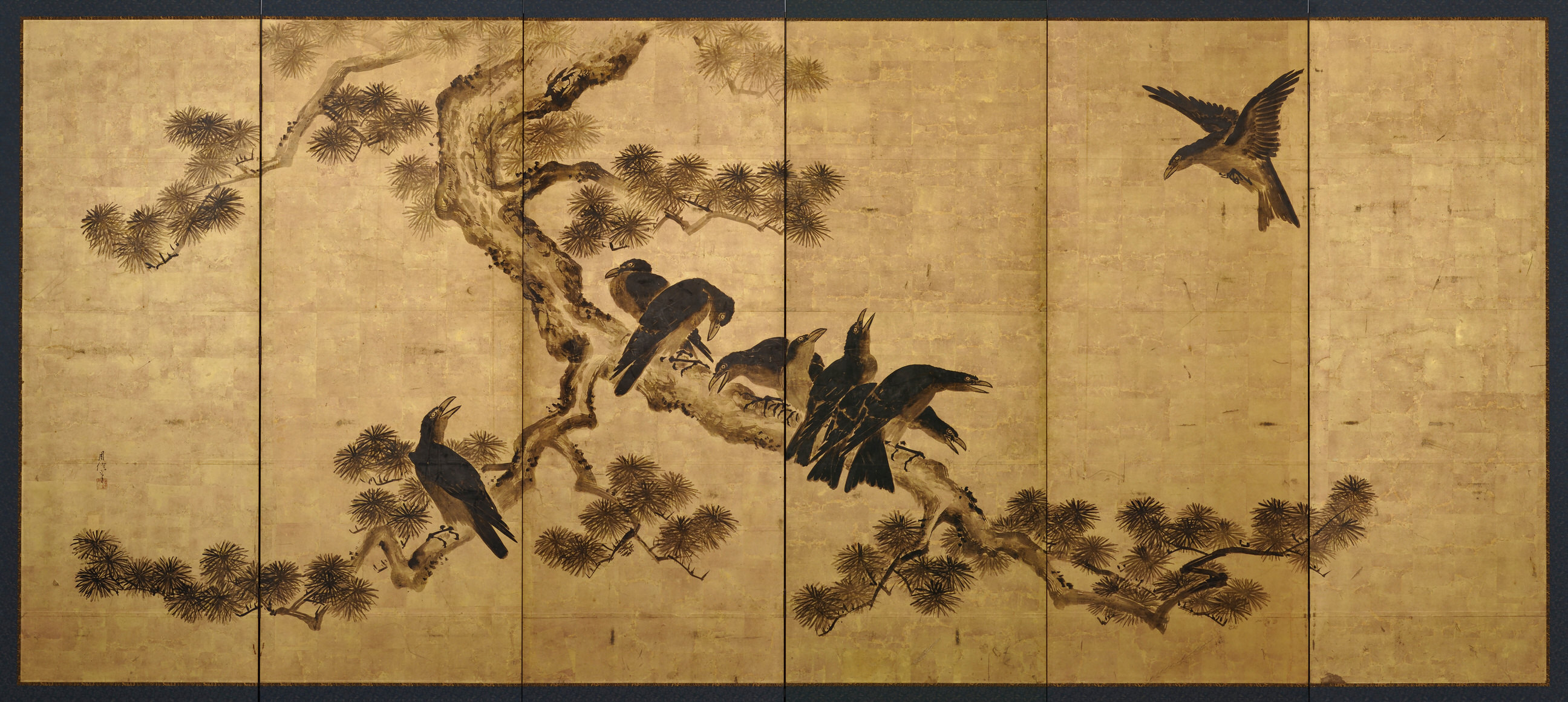 2592x1161 Kano Chikanobu (1660 1728) Crow Amp Pine Japanese Screen Painting - Japanese Screen Painting