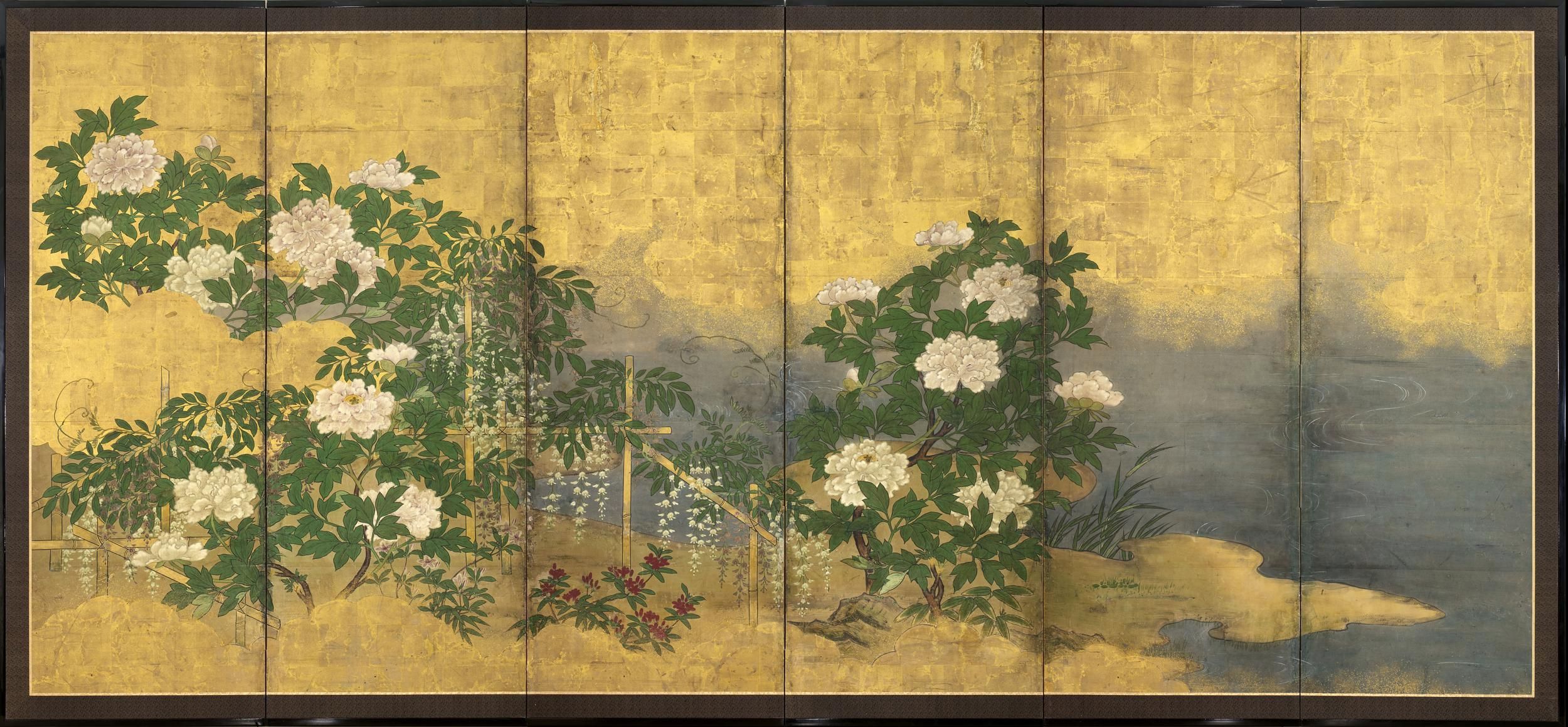 2500x1160 A Six Fold Paper Screen Painted In Ink And Colour On A Gold Ground - Japanese Screen Painting