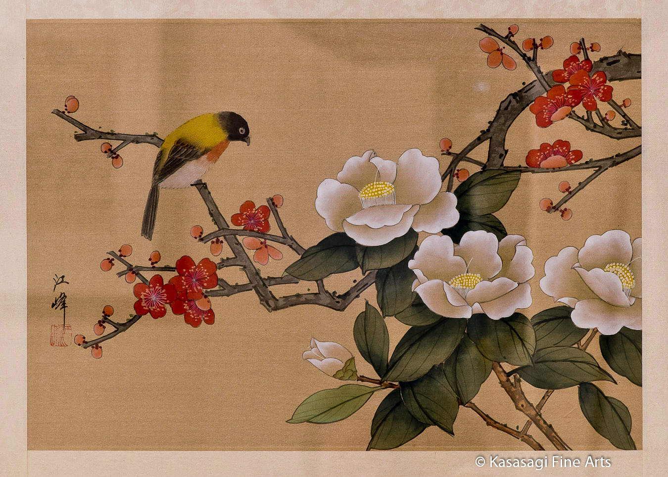 1350x964 Framed Japanese Silk Painting Honeyeater And Camellia - Japanese Silk Painting