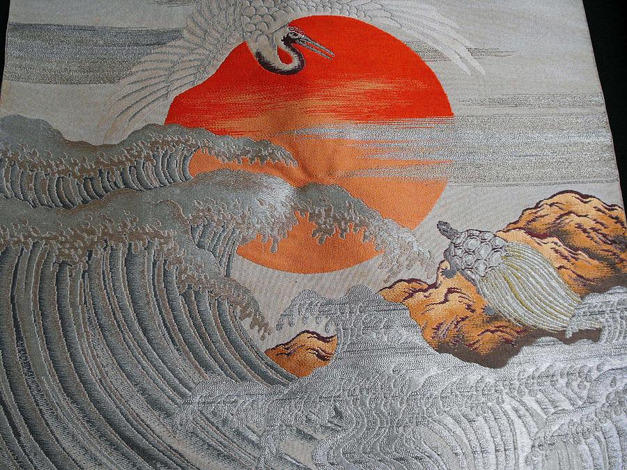 900x675 Japanese Silk Fukusa Tapestry Featuring Crane Flying Over - Japanese Silk Painting Artists