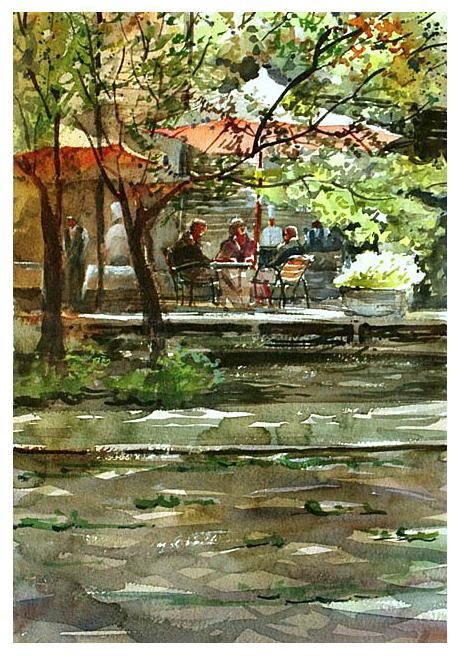 460x657 Watercolor Artist Kazuo Kasai (Japanese 1955) Side Cafe - Japanese Silk Painting Artists