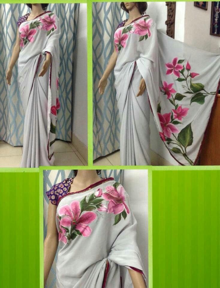 734x960 Japanese Crepe Saree Hand Painted Saree Saree - Japanese Silk Painting Value