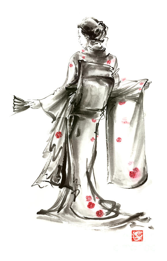 578x900 Geisha Japanese Woman Sumi E Original Painting Art Print Painting - Japanese Sumi E Painting