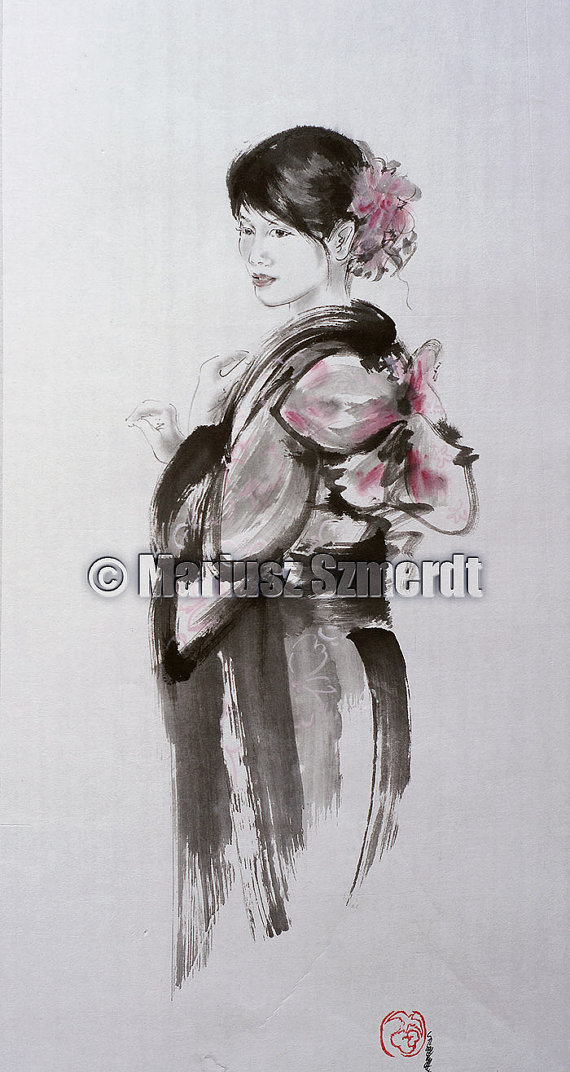 570x1072 Geisha Painting Japanese Women Painting Sumi E Women - Japanese Sumi E Painting