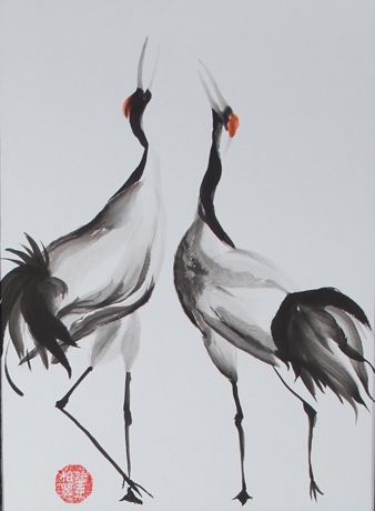 338x460 Japanese Watercolor Crane Japanese Cranes Mating Dance Sumi E - Japanese Sumi E Painting