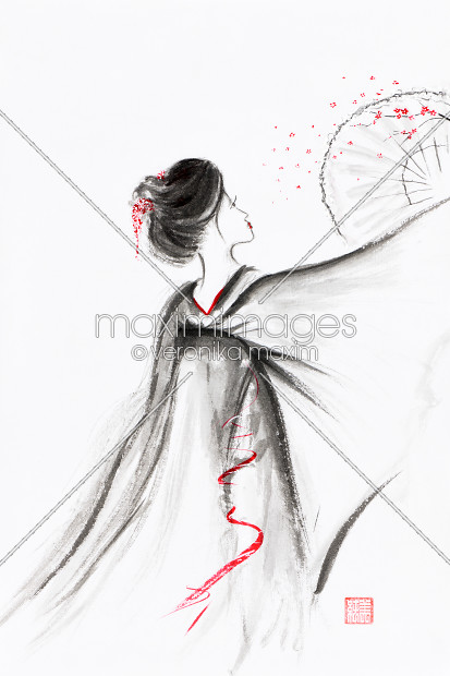 413x620 Stock Illustration Geisha With A Fan Depicting A Blossoming - Japanese Sumi E Painting