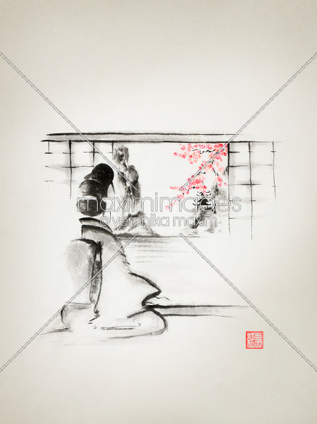 463x620 Stock Illustration Japanese Woman In Kimono Sitting In Front - Japanese Sumi E Painting