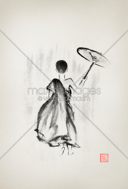 421x620 Stock Illustration Young Monk Walking With An Umbrella Under Rain - Japanese Sumi E Painting
