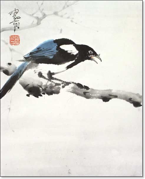492x607 Sumi E Magpie Ukiyo E Magpie, Chinese Brush - Japanese Sumi E Painting