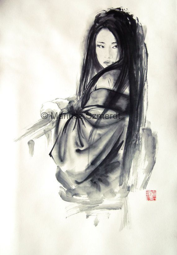 570x823 Japanese Woman Geisha In Kimono Traditional Japanese Sumi E - Japanese Sumi Painting