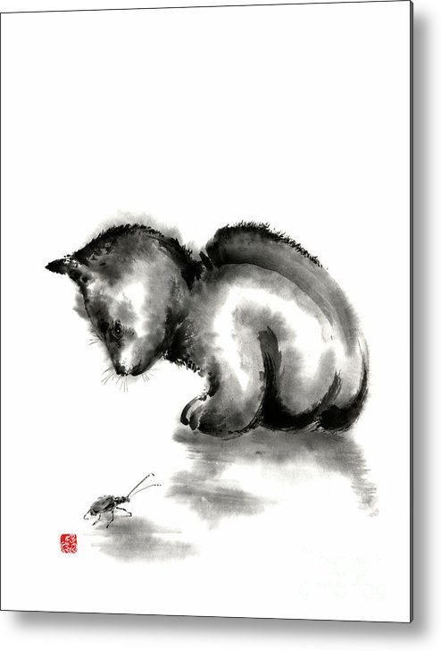 494x728 Funny Cute Little Black Cat And Beetle Japanese Sumi E Original - Japanese Sumi Painting