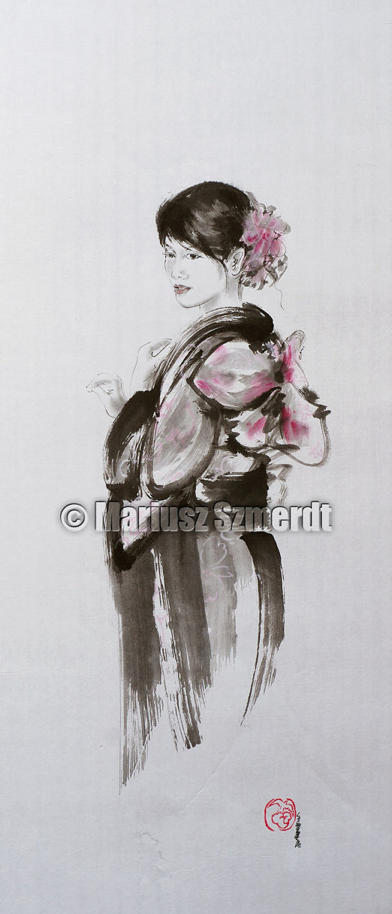 570x1328 Geisha Painting Japanese Women Painting Sumi E Women - Japanese Sumi Painting