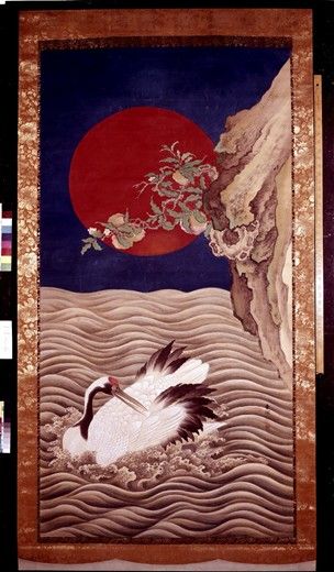 304x520 Bm 1881,1210,0.700. Japanese Painting On Silk Of Crane, Peaches - Japanese Sun Painting