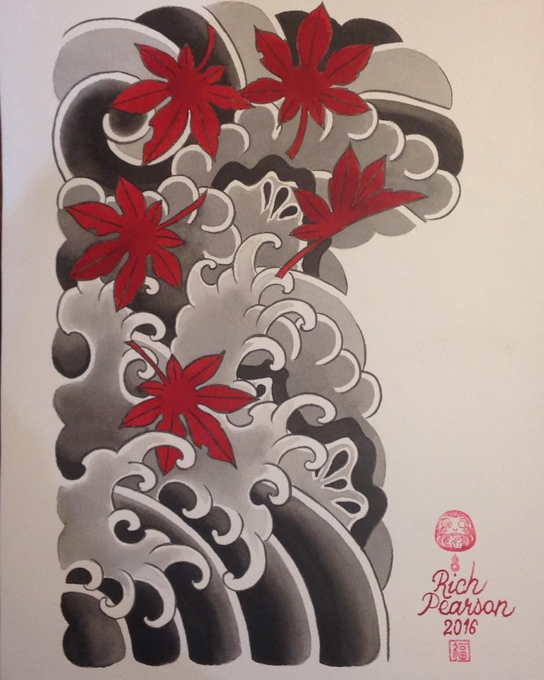 1080x1350 Maples , Clouds , Rocks And Water Half Sleeve Painting I Made - Japanese Tattoo Painting