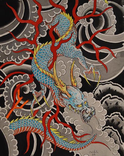 475x600 Sky Dragon By Clark North W Antlers Japanese Tattoo Canvas Art - Japanese Tattoo Painting