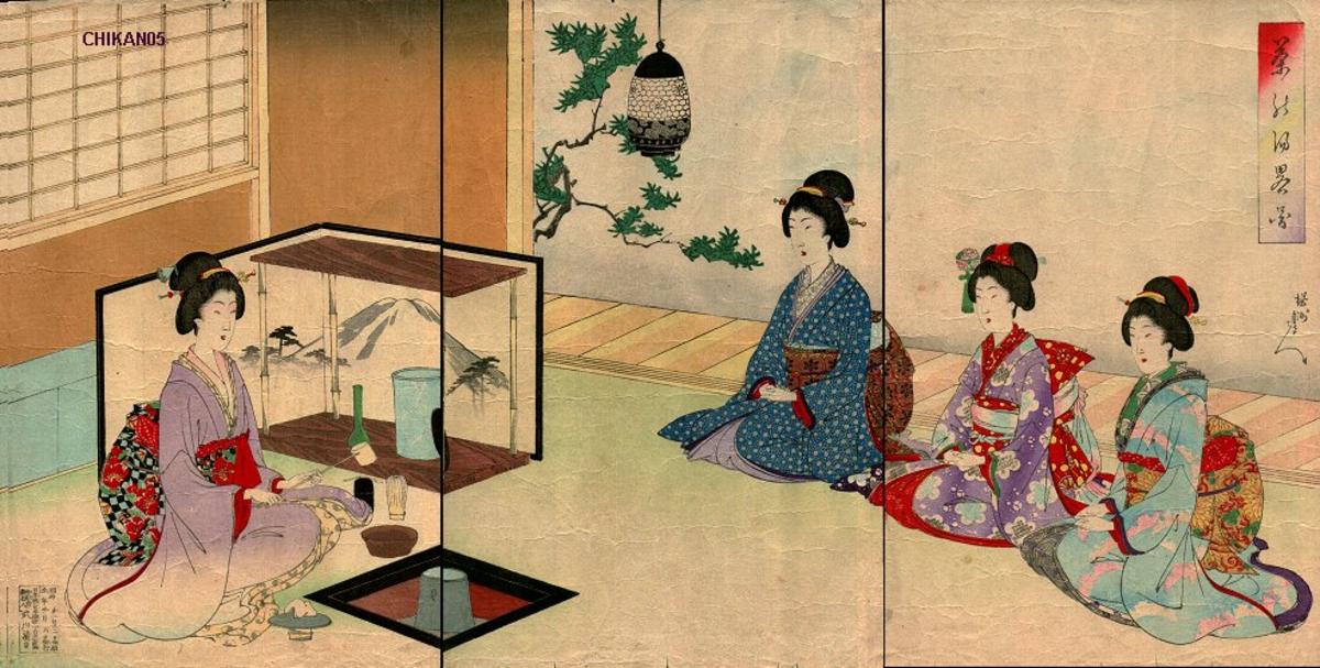 1200x607 Toyohara Chikanobu Unknown, Winter Tea Ceremony - Japanese Tea Ceremony Painting
