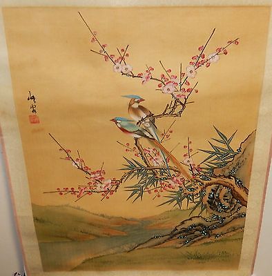 394x400 Old Japanese Two Birds On A Blossom Tree Original Watercolor - Japanese Tree Painting