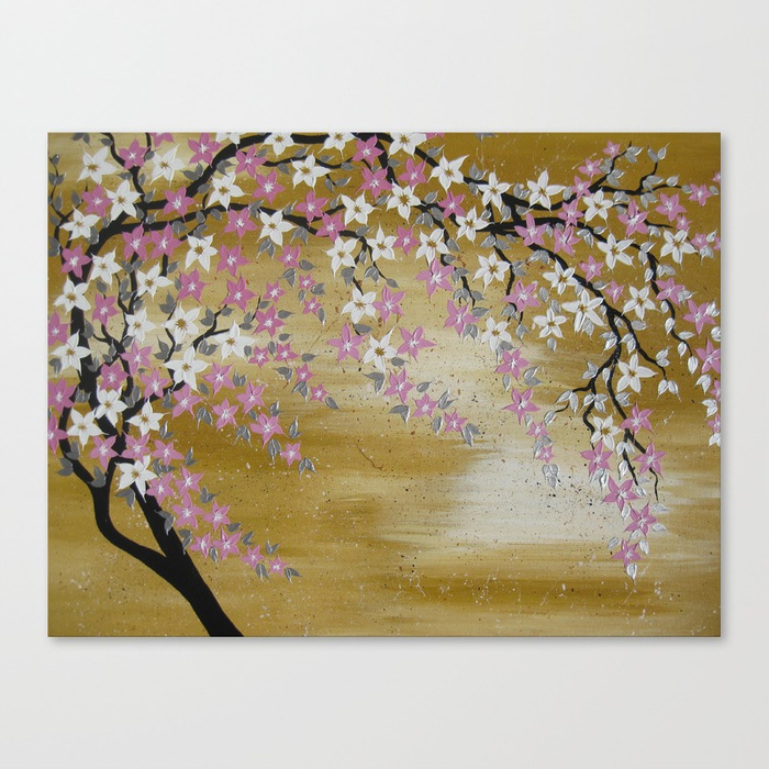 700x700 Tan Brown Pink White Beige Asian Tree Painting With Cherry - Japanese Tree Painting