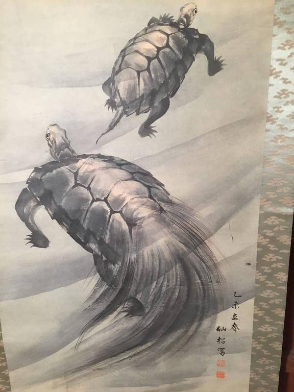 576x768 Giant Sea Turtles Antique Japanese Hand Painted Scroll, Signed - Japanese Turtle Painting