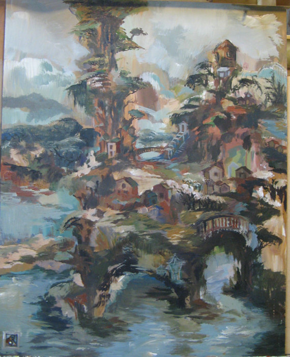 570x701 Items Similar To Japanese Scroll, Mountain Village, Oriental - Japanese Village Painting
