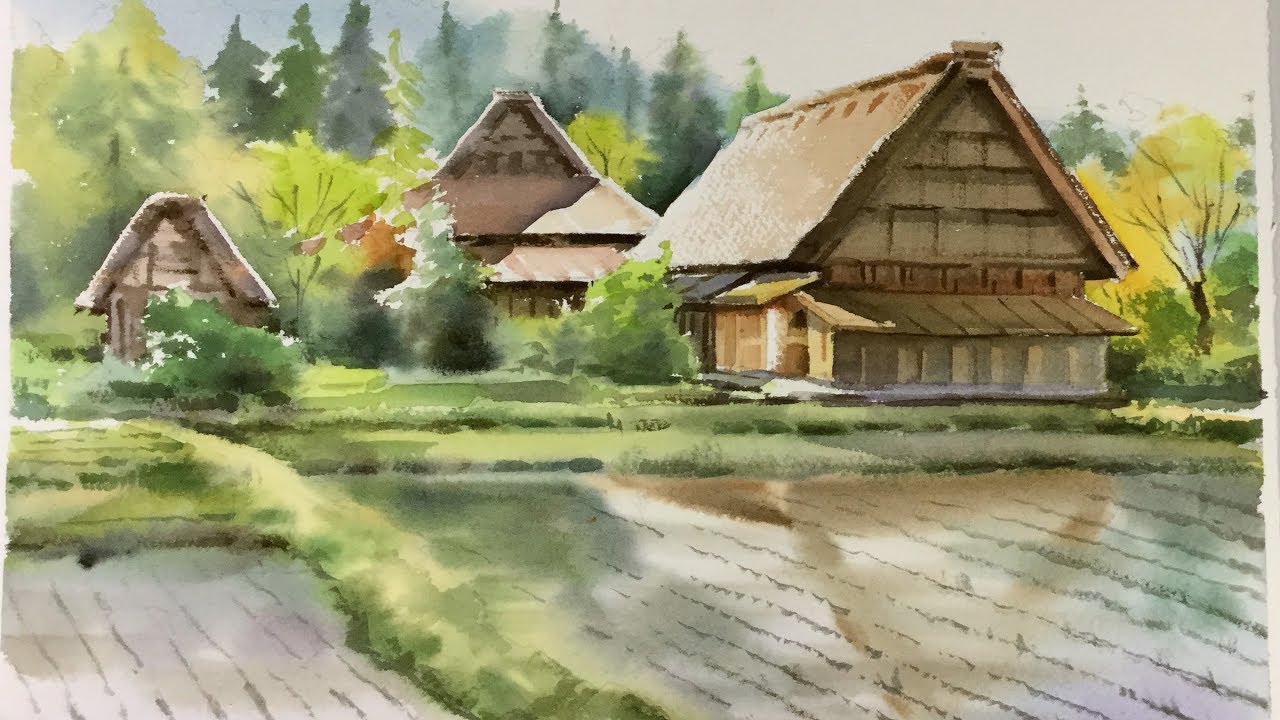 1280x720 Watercolor Landscape Painting Cottages - Japanese Village Painting