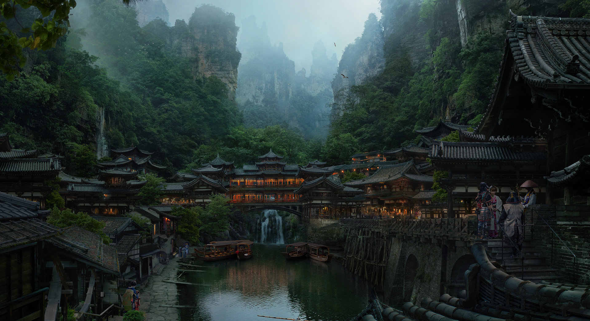 1920x1046 Artstation - Japanese Village Painting