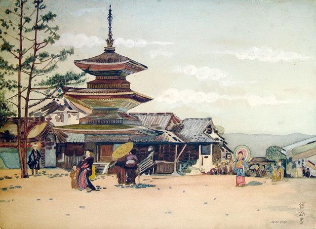 640x464 Consigned Vintage Japanese Village By Nathan Raynes - Japanese Village Painting