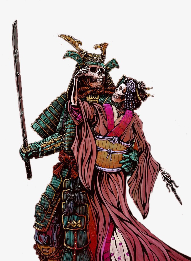 650x888 Japanese Samurai Skull And Skeleton Bride, Hand Painted Cartoon - Japanese Warrior Painting