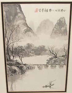 233x300 Japanese Watercolor Landscape Bridge River Boat Painting Signed Ebay - Japanese Watercolor Painting
