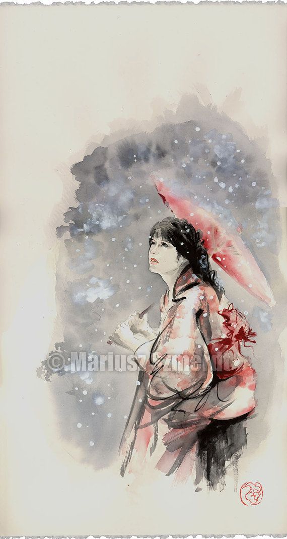 570x1070 Japanese Geisha Kimono Original Watercolor Abstract Art Japan - Japanese Watercolor Painting