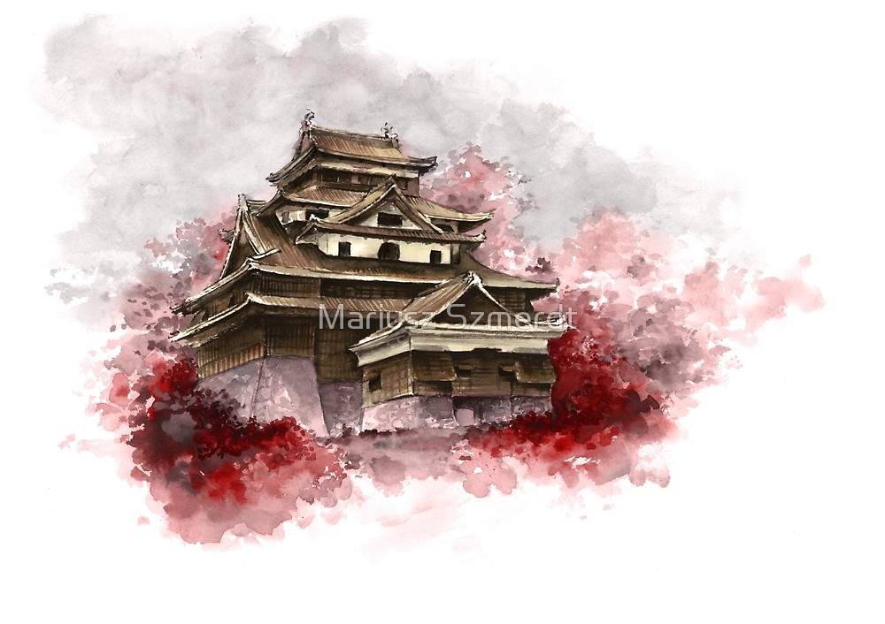 1000x706 Japanese Castle Sumi E Painting, Japanese Art Print For Sale By - Japanese Watercolor Painting