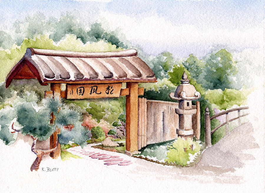 900x656 Watercolor Japanese Garden Gate Painting By Karla Beatty - Japanese Watercolor Painting