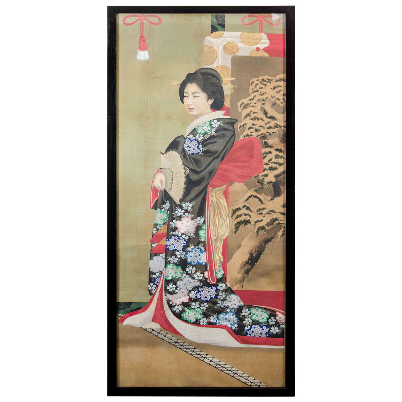 1280x1280 Japanese Imperial Portrait Painting Of Woman In Black And Floral - Japanese Woman Painting