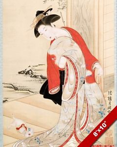 240x300 Beautiful Japanese Woman Playing W Teasing A Cat Japan Painting - Japanese Woman Painting