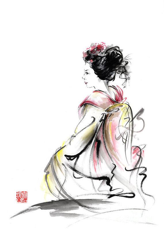 570x799 Geisha Japanese Woman Young Girl In Tokyo Kimono Fabric Design - Japanese Woman Painting