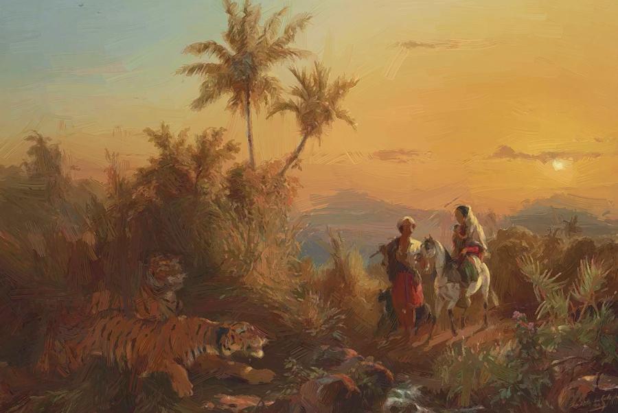 900x602 Javanese Landscape With Tigers Listening To The Sound - Javanese Painting